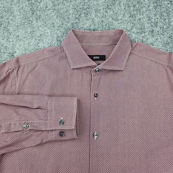 Hugo Boss Shirt Mens 16.5 Large Red Pattern Slim Fit Canclini Cotton Dress - Picture 1 of 16